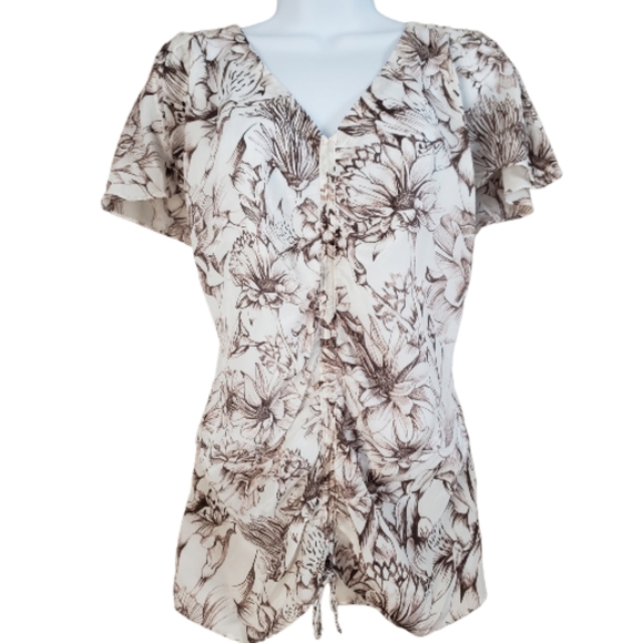 NWT Banana Republic white & brown floral blouse top Womens Large - Picture 1 of 6